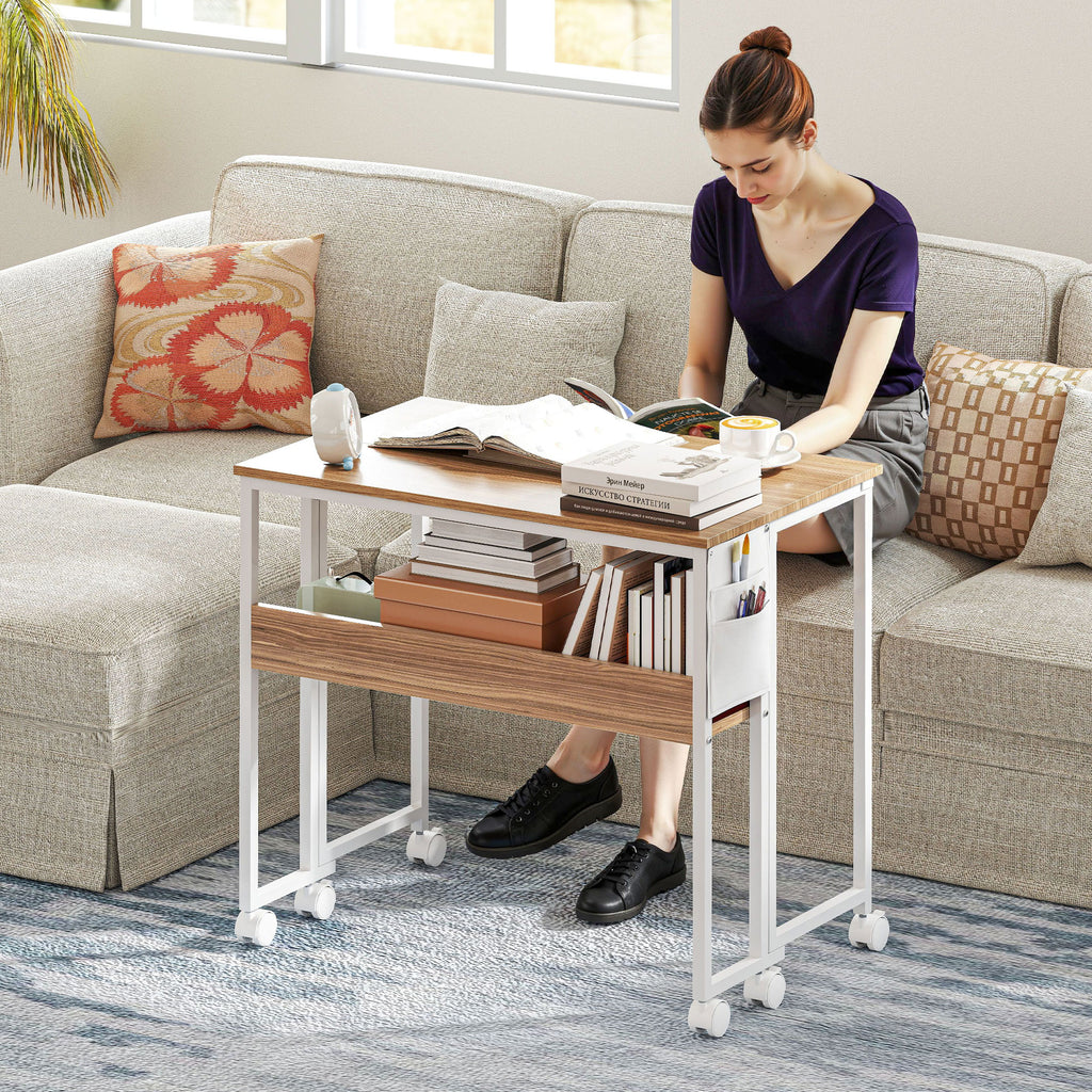 Folding Computer Desk, Foldable Desk With Storage Bag, Shelf And Wheels For Small Spaces, Home Office, Natural Wood