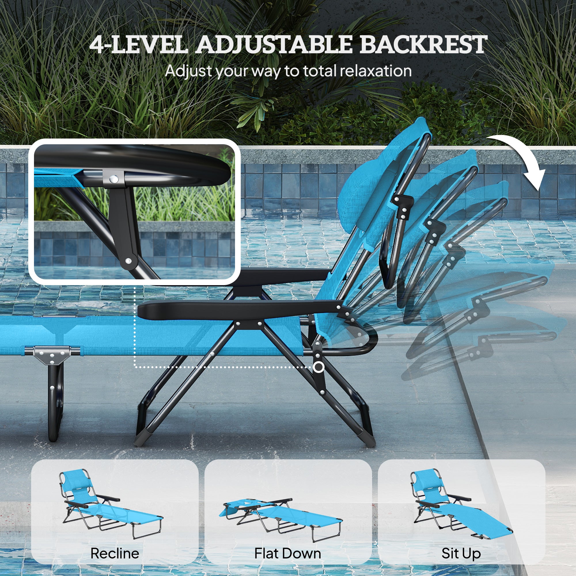 Folding Lounge Chair W Reclining Back, Light Blue