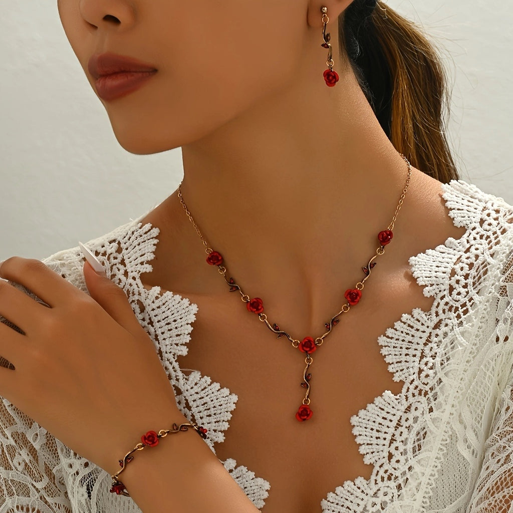 Lxalry Romantic Red Rose Jewelry Set, Handmade Electroplated Necklace Bracelet & Earrings Trio, Bridal Gift For Wedding Elegance & Everyday Romance