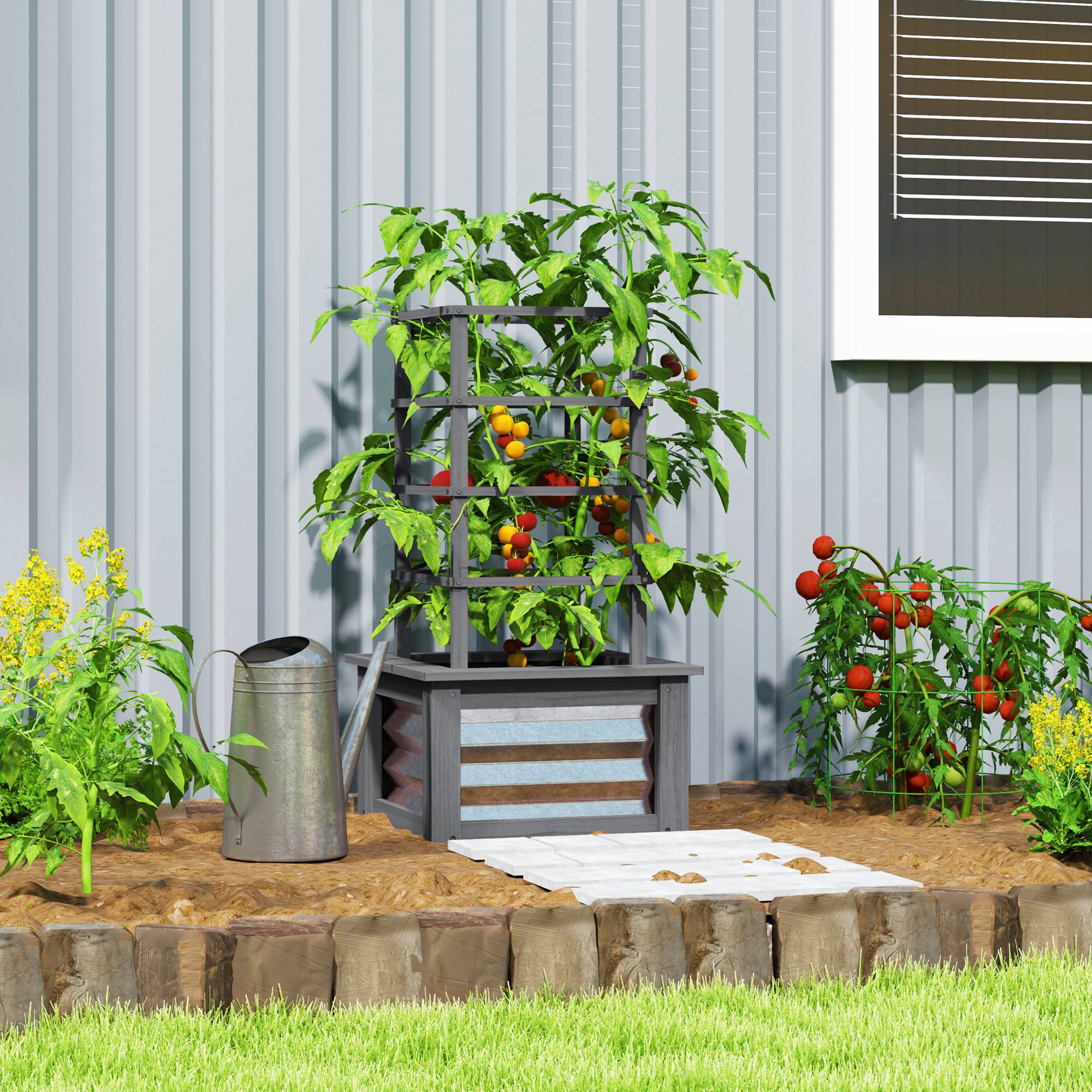 Wooden Raised Garden Bed with Trellis, Galvanized Planter Box Elevated Garden Bed for Garden, Patio, Gray