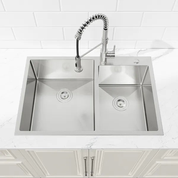 33'x19' Embedded Double Bowl Kitchen Sink, Overmount Handmade Sink In Brushed - Sink Only - Unable Ship Weekends, TK And TEMU Only For Pickup