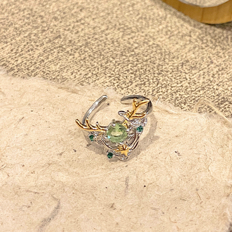 Cold Style  Temperament Fruit Green Clover Full Diamond Open Ring