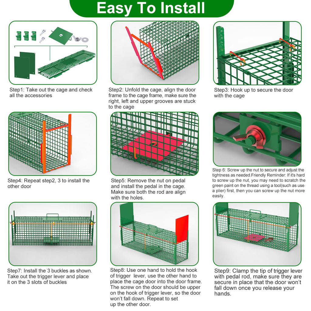 32in 2 Door Live Animal Cage Trap With Glove Green For Animals Under 12LBS Easy To Setup Humane Galvanized Iron Trap Cage For Rabbits Groundhogs Skunk Opossums Nutria Stray Cats