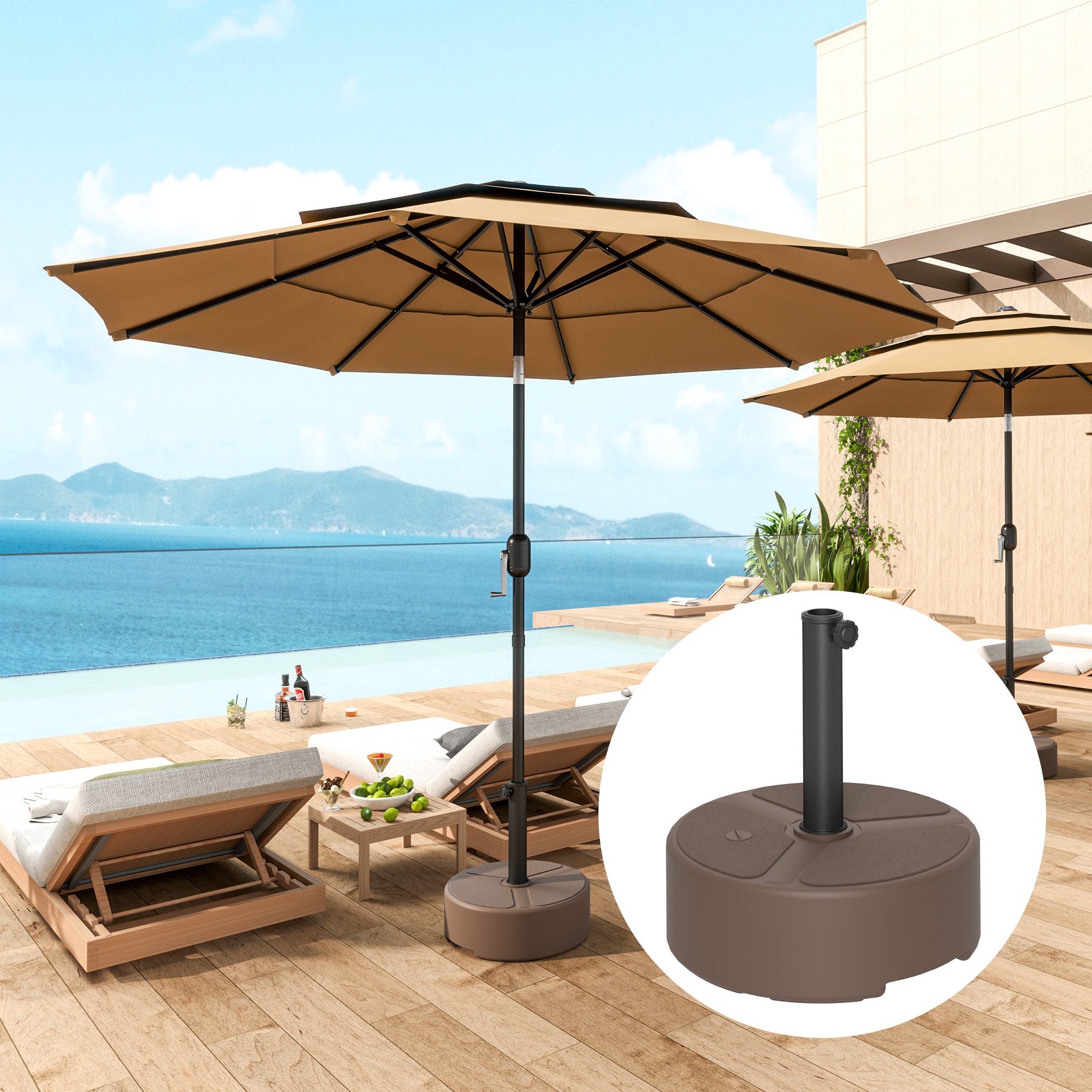Round Patio Umbrella Base Holder, Heavy Duty Outdoor Umbrella Stand Base, Filled Up To 44lbs With Stand Or 40lbs With Water For Garden, Poolside, Brown