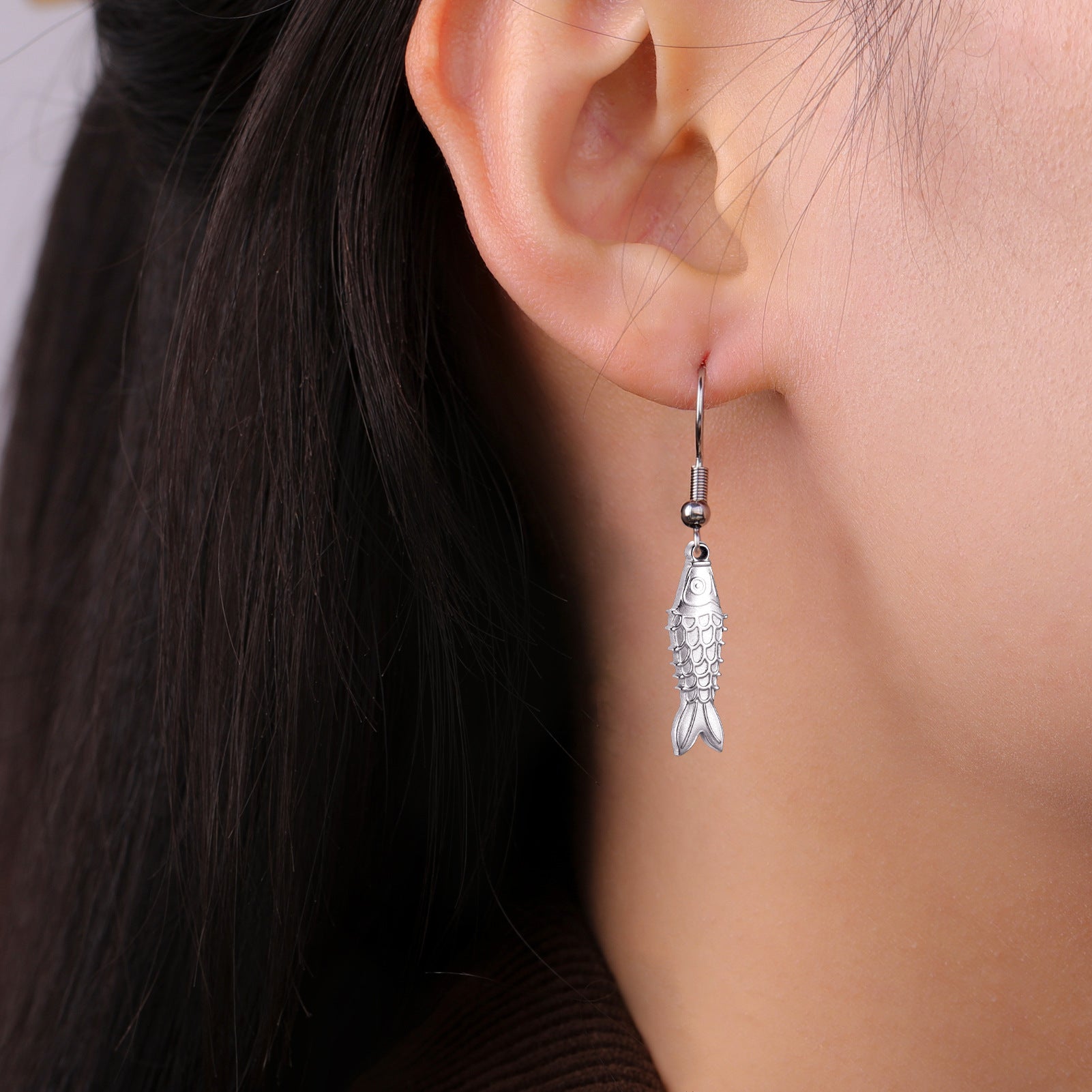 Three-dimensional Small Fish Pendant Stainless Steel Earrings