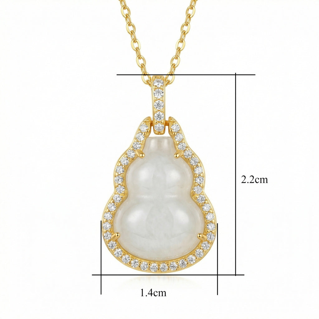 925 Sterling Silver Elegant White Jade Gourd Pendant Necklace with Shimmering Crystal Halo