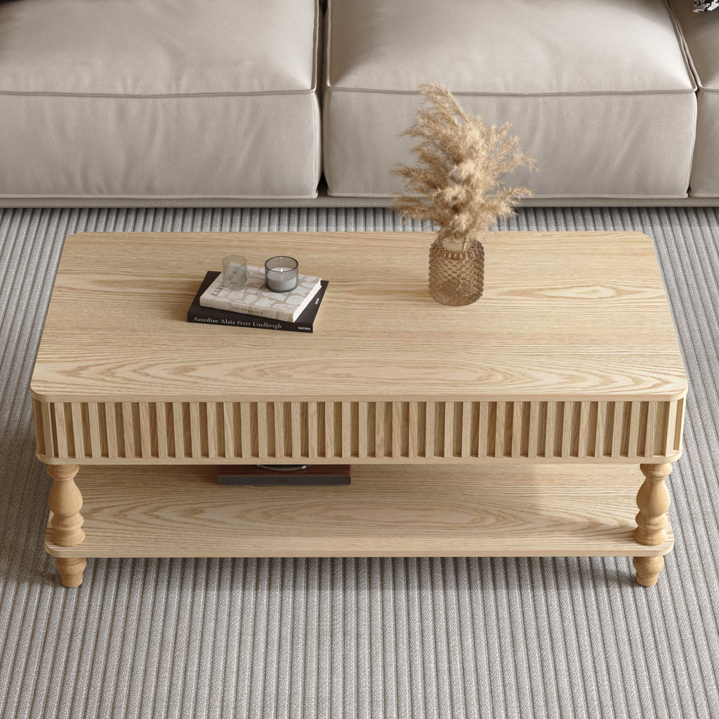 47.24 Lift Top Fluted Coffee Table With Hidden Storage With Roman Column Legs, Rectangle Handmade Solid Wood Strips For Small Space Apartment Living Room, Multi-Functional Lift-Top Design