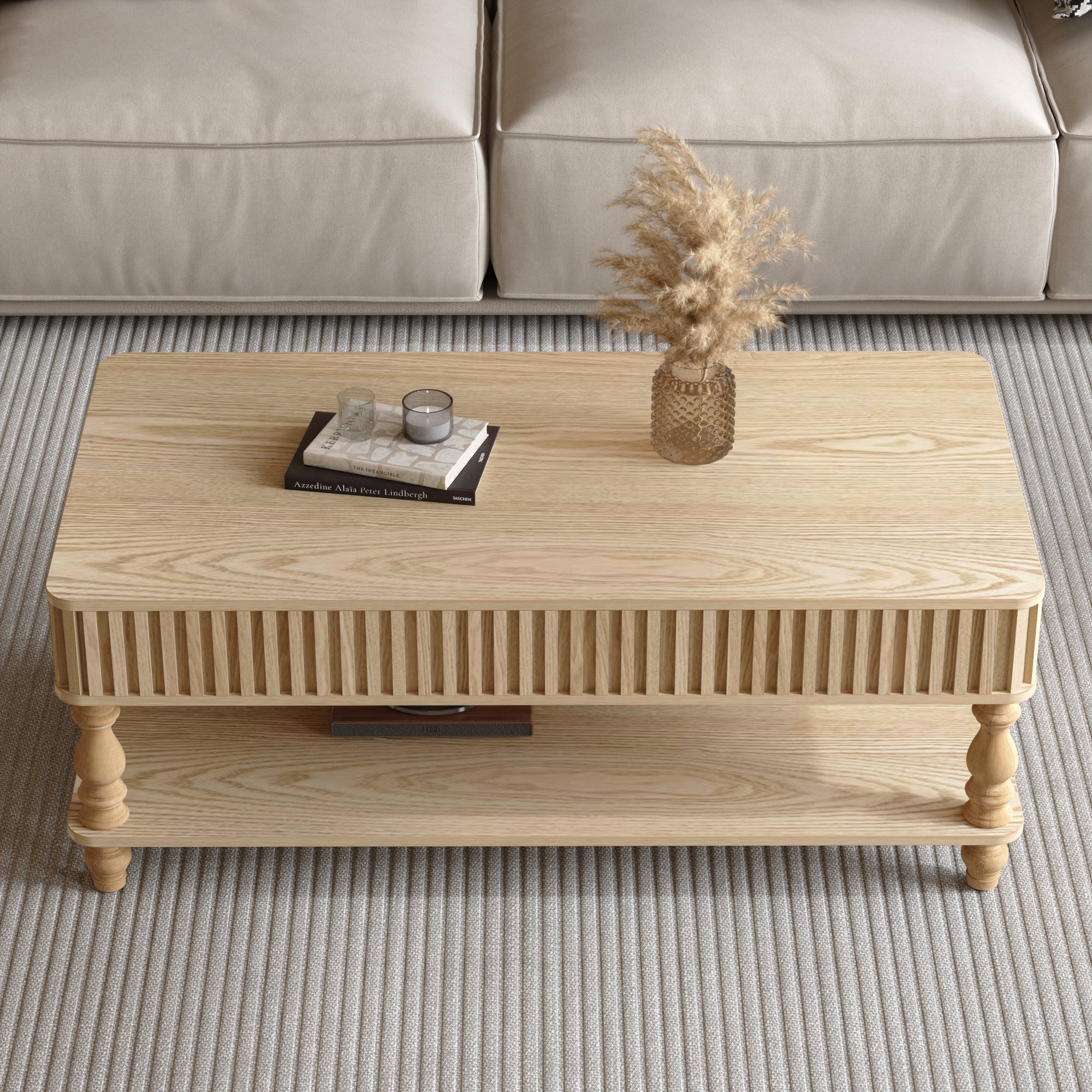 47.24 Lift Top Fluted Coffee Table With Hidden Storage With Roman Column Legs, Rectangle Handmade Solid Wood Strips For Small Space Apartment Living Room, Multi-Functional Lift-Top Design