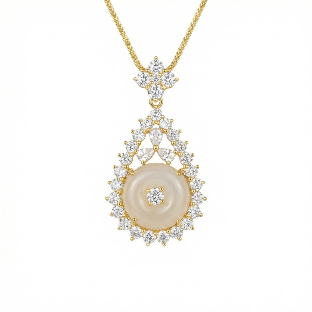 925 Sterling Silver Elegant Diamond Halo Teardrop Pendant Necklace with Central White Gemstone
