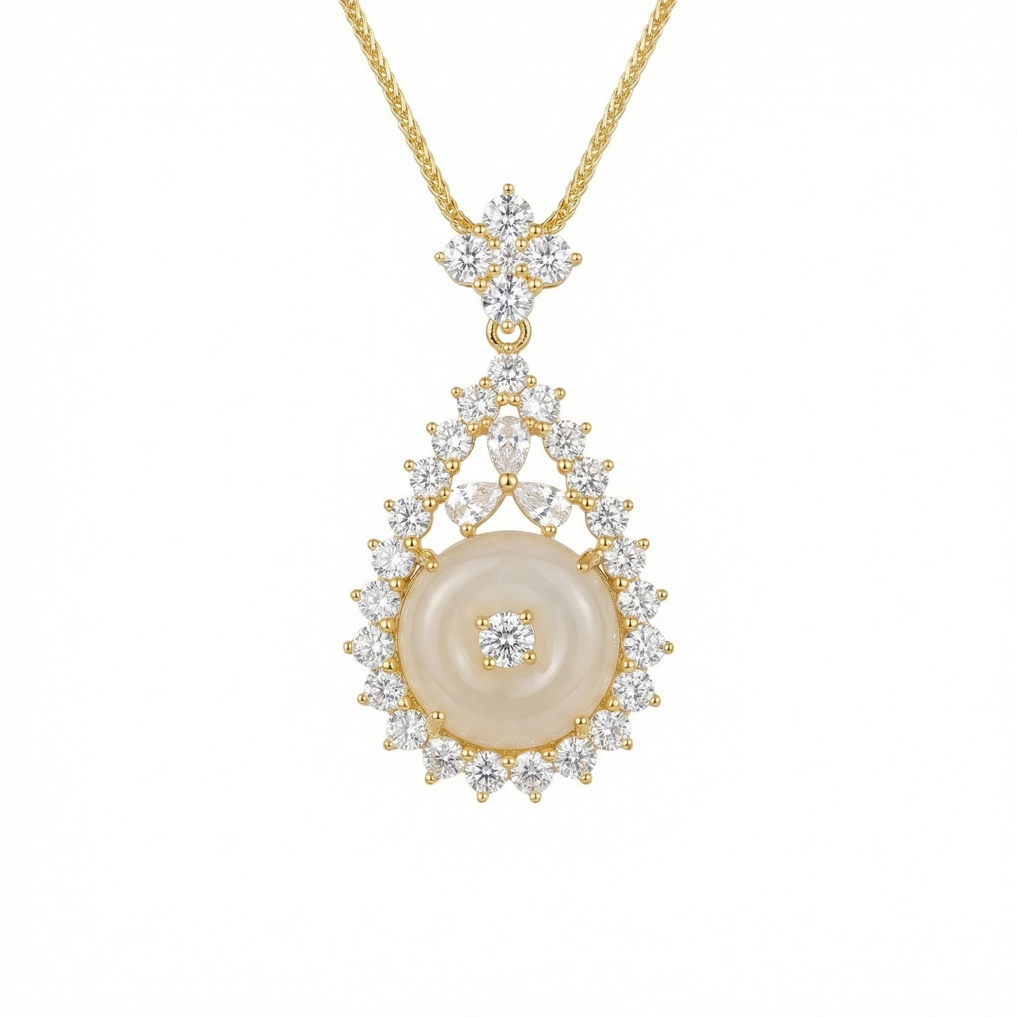 925 Sterling Silver Elegant Diamond Halo Teardrop Pendant Necklace with Central White Gemstone