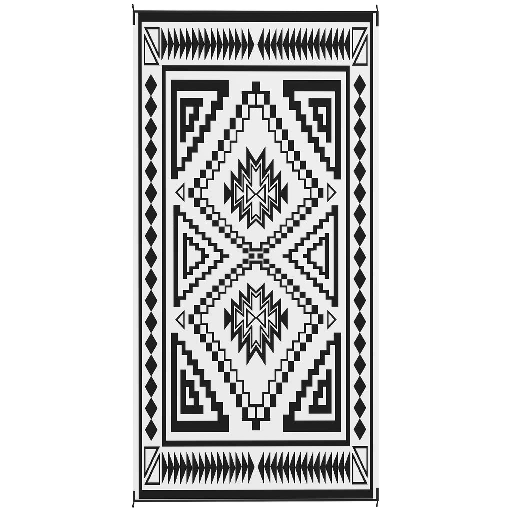 Reversible Outdoor Rug, Waterproof Plastic Straw With Carry Bag, 9 X 18, Black & White Square Patchwork