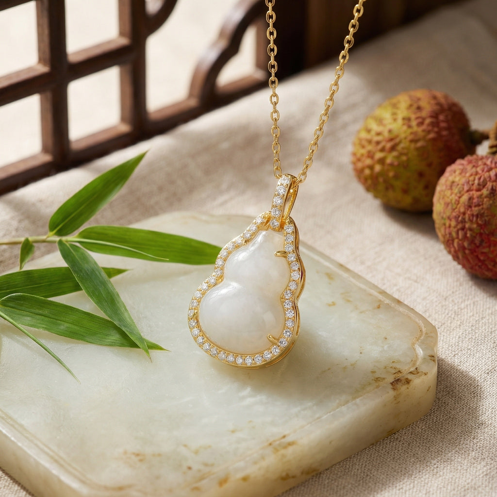 925 Sterling Silver Elegant White Jade Gourd Pendant Necklace with Shimmering Crystal Halo