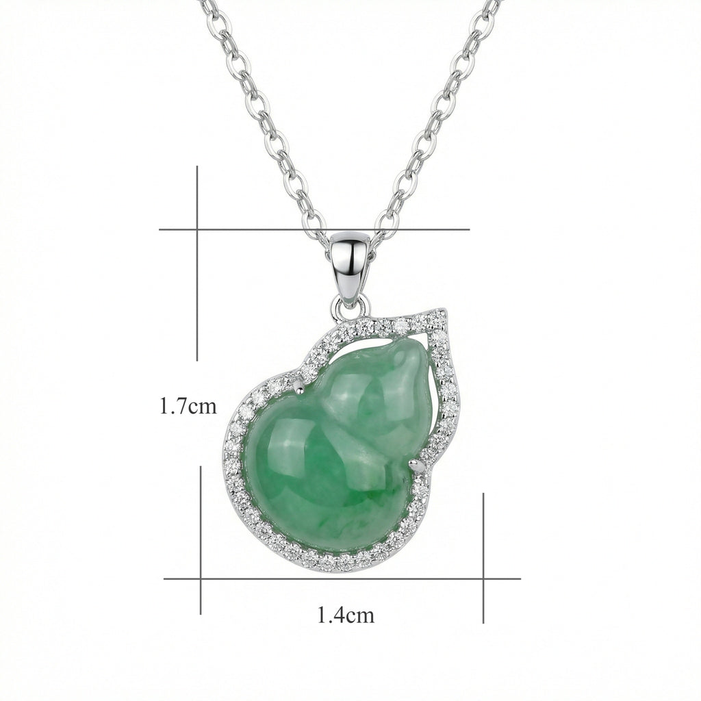 925 Sterling Silver Elegant Green Jade Hulu Gourd Pendant Necklace with Shimmering Stone Border