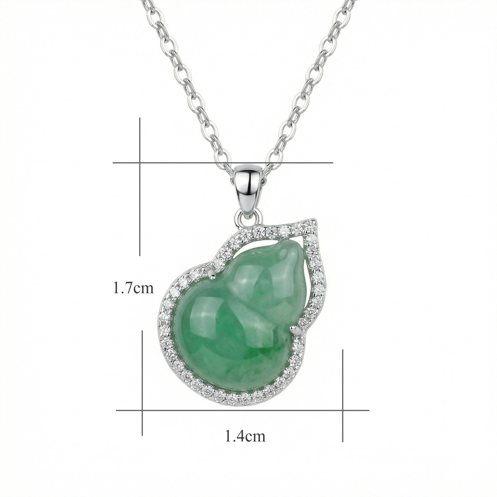 925 Sterling Silver Elegant Green Jade Hulu Gourd Pendant Necklace with Shimmering Stone Border