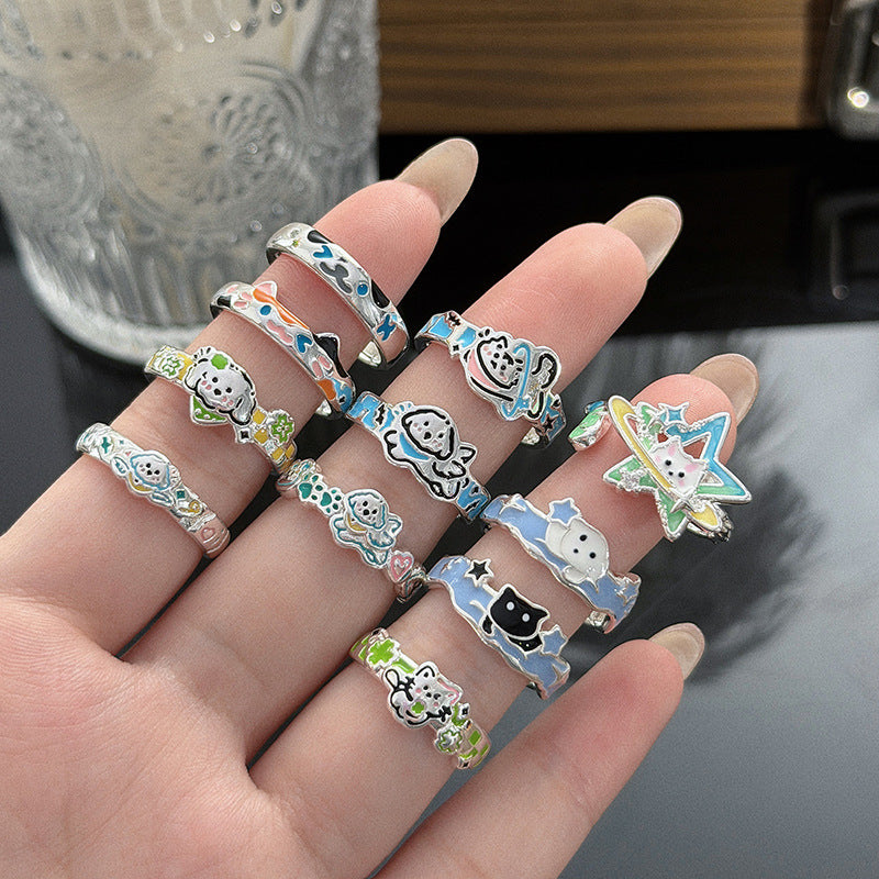 Cute Playful Sweet Girl Style Colorful Enamel Ring, Cartoon Character Star Planet Adjustable Ring, Niche Stackable Finger Ring For Women