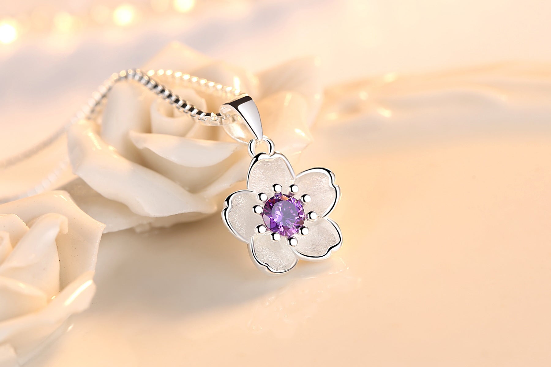 Handmade 925 Sterling Silver Cute Peach Blossom Pendant Necklace