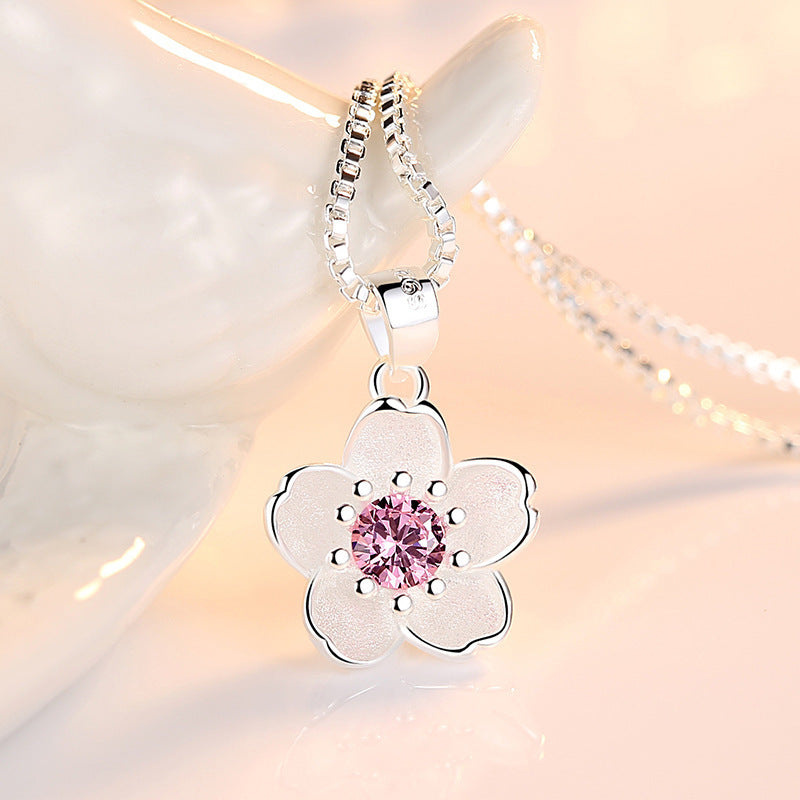 Handmade 925 Sterling Silver Cute Peach Blossom Pendant Necklace