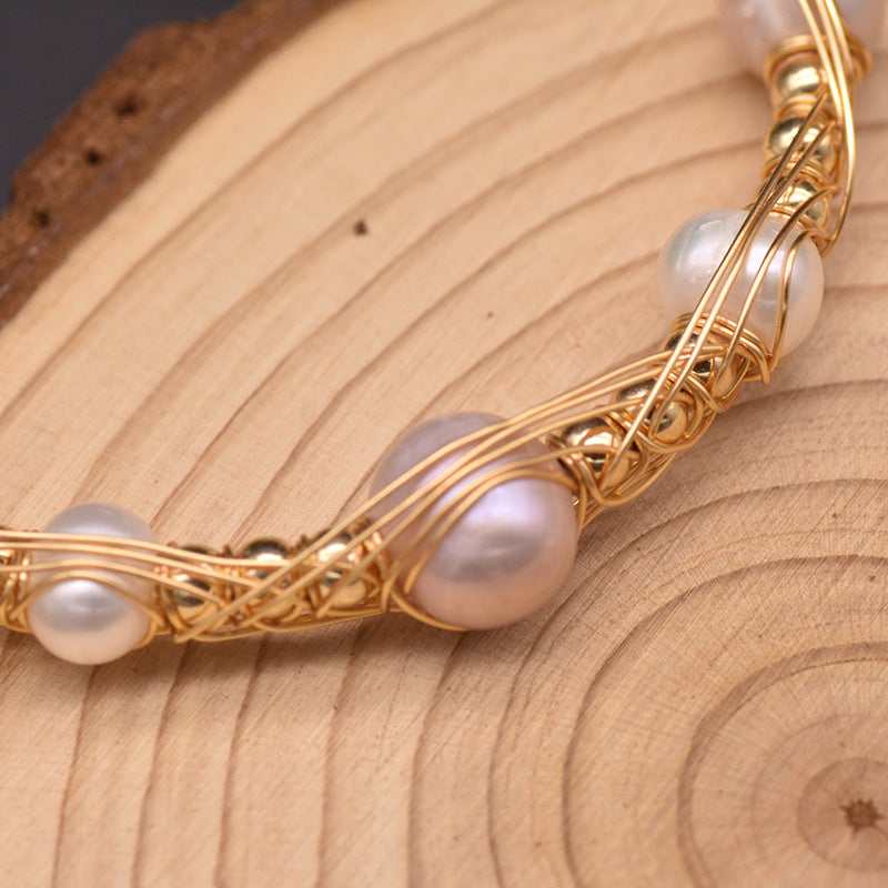 Natural Freshwater Pearl Elastic Bangle Bracelet Jewelry Handmade