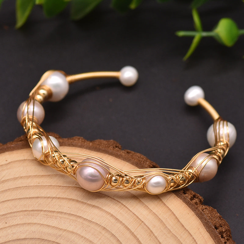 Natural Freshwater Pearl Elastic Bangle Bracelet Jewelry Handmade