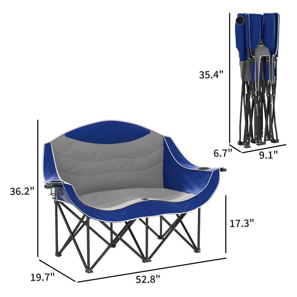 Padded Folding Camp Chair For Adults, Double Camping Chair With Armrests, Cup Holders, Carry Bag For Outdoor, Blue