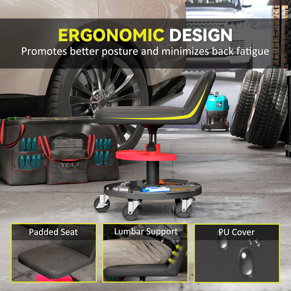 Rolling Creeper Garage Stool, 300 LBS Capacity Mechanic Stool With 360 Wheels, Tool Tray, Adjustable Height, Black