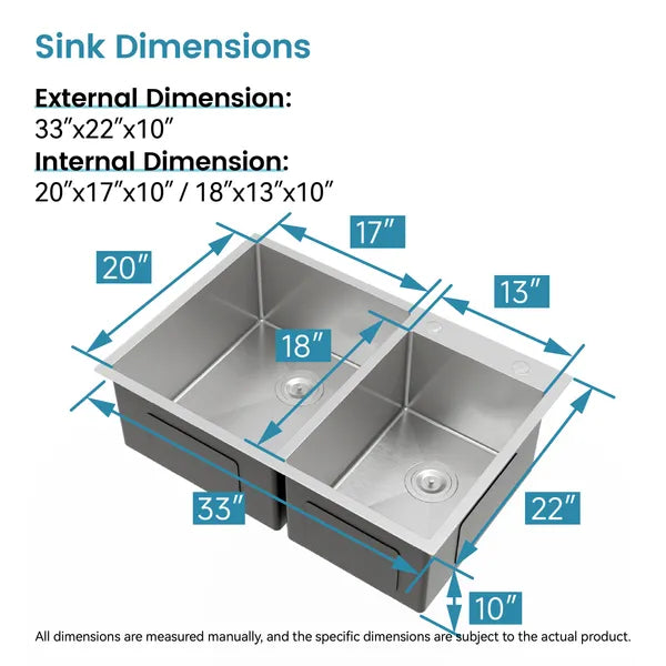 33'x19' Embedded Double Bowl Kitchen Sink, Overmount Handmade Sink In Brushed - Sink Only - Unable Ship Weekends, TK And TEMU Only For Pickup