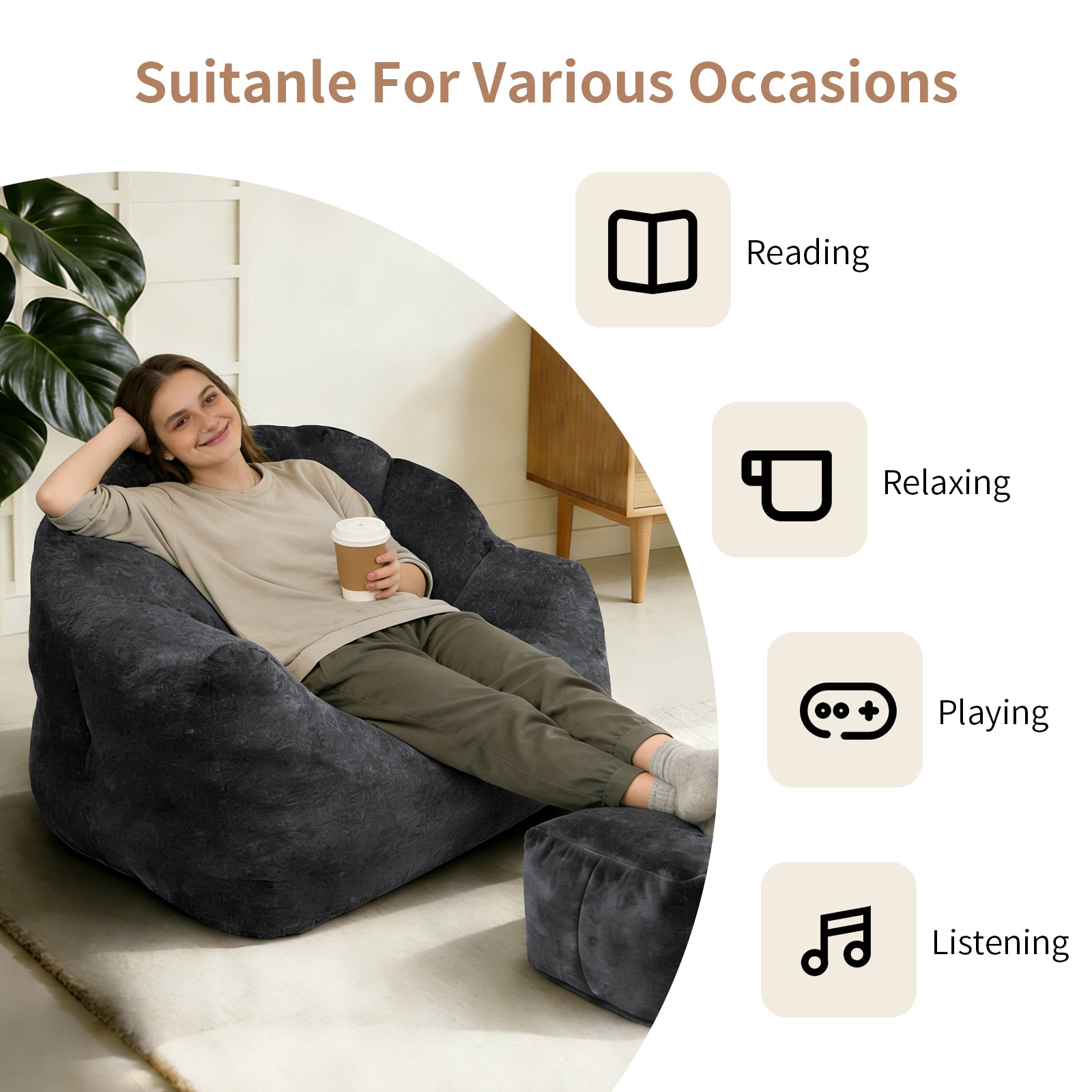 Bean Bag Chair, Armrest Bean Bag Sofa Chair Filled With High-density Foam, Comfortable Lazy Sofa Chair,Bean Bag Chair For The Living Room, Bedroom Reading.