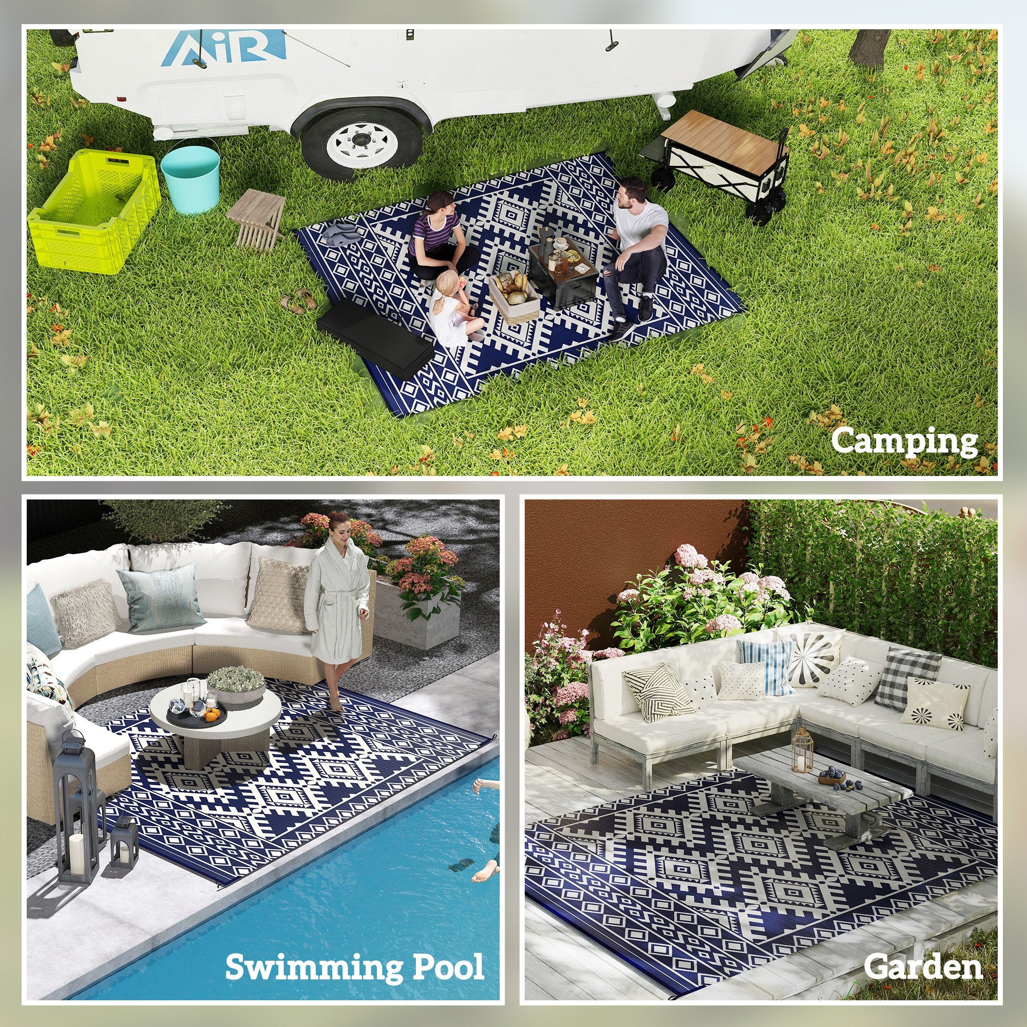Reversible Outdoor Rug, Waterproof Plastic Straw With Carry Bag, 8 X 10, Blue  White Rhombus Border
