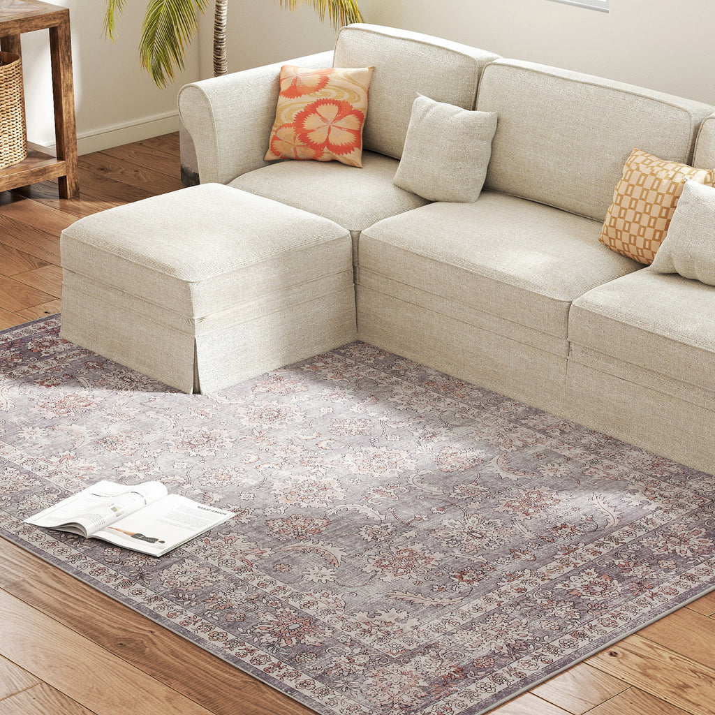 Machine Washable Area Rug 5x7, Non-Slip Traditional Flower Print Floor Carpet For Living Room, Bedroom, Grey And Brown