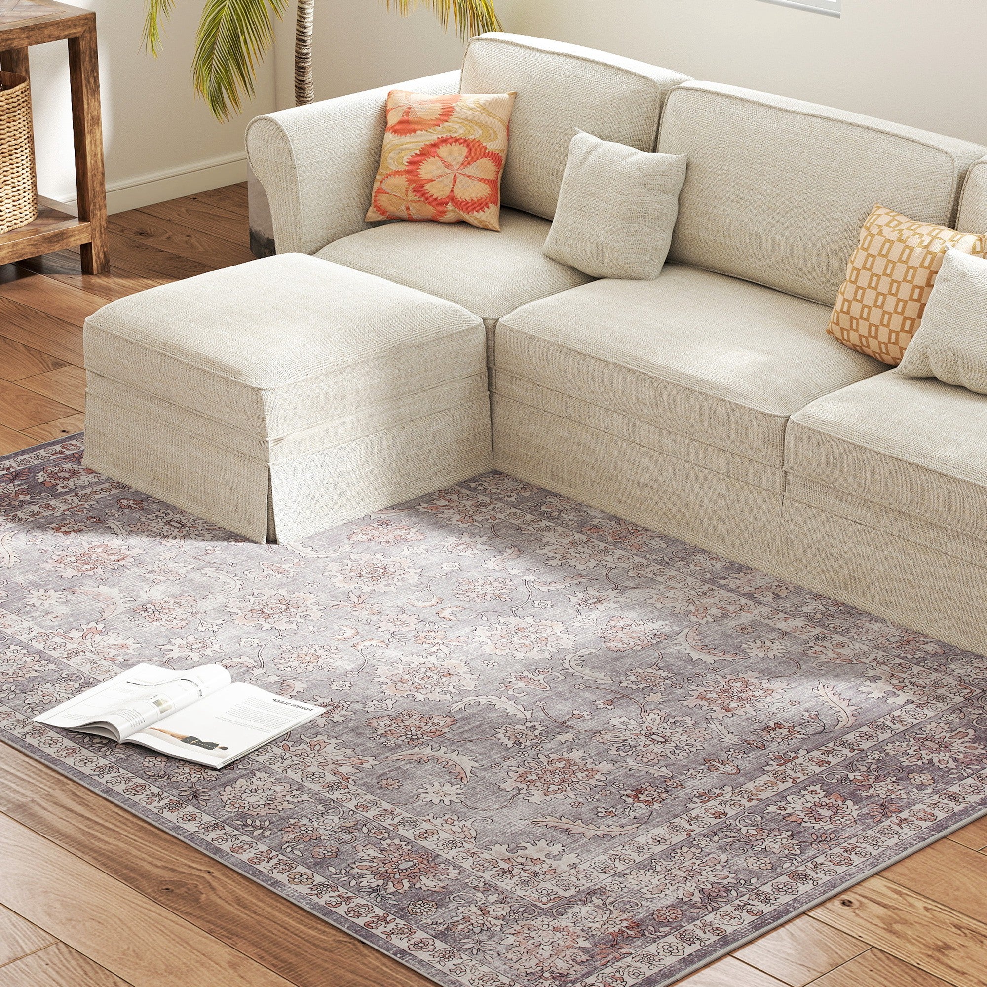 Machine Washable Area Rug 5x7, Non-Slip Traditional Flower Print Floor Carpet For Living Room, Bedroom, Grey And Brown