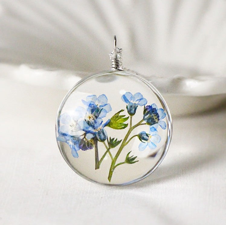 Handmade Dry Flower Glass Silver Plated Necklace