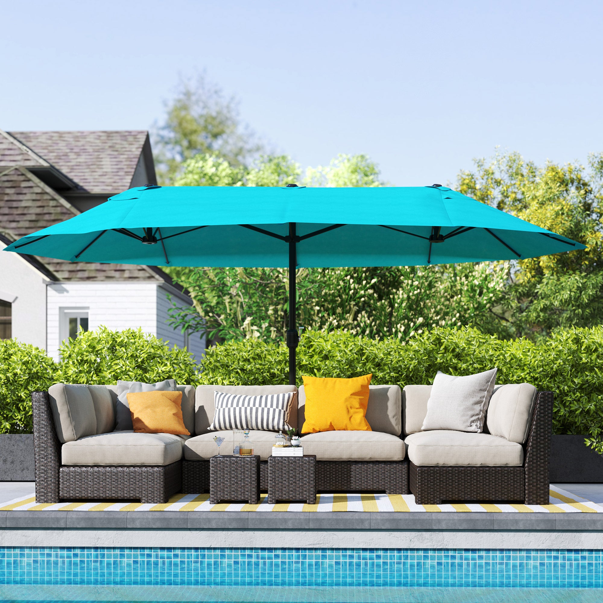 Patio Umbrella, 15 Steel Rectangular Outdoor Double Sided Market Umbrella With Base, Sun Protection & Easy Crank, Blue