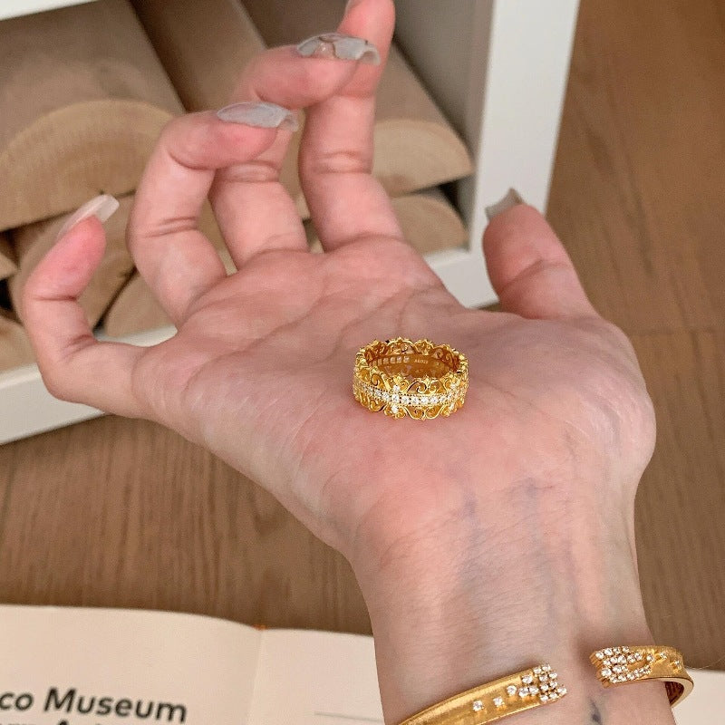 Retro Mid-Ancient Zircon Brushed Ring Elegant High-End Daily Accessory