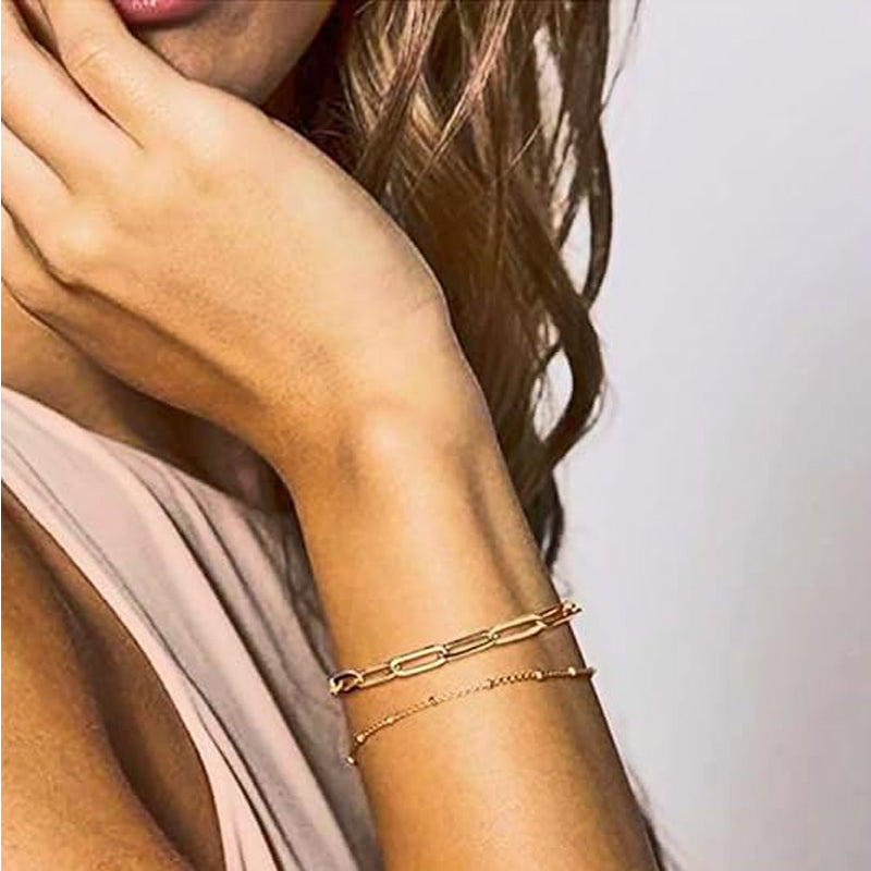 Dainty Gold Bracelets For Women, 14K Gold Filled Adjustable Layered Bracelet Cute Evil Eye Oval Chain Pearl Bar Turtle Gold Bracelets For Women Jewelry