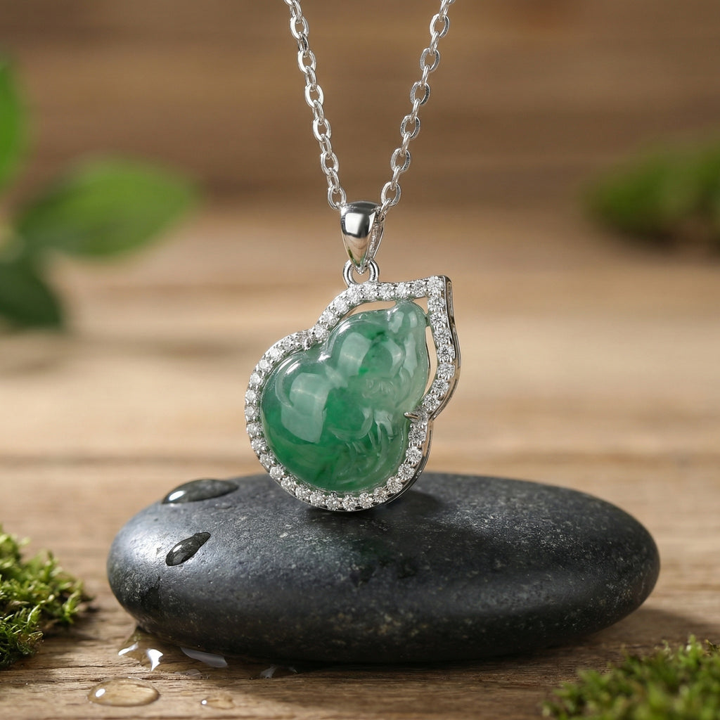 925 Sterling Silver Elegant Green Jade Hulu Gourd Pendant Necklace with Shimmering Stone Border