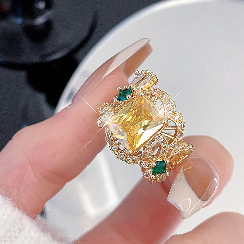 New Medieval Vintage Heavy Zircon Open Ring, Brushed Texture Light Luxury Style Niche High-end Ring For Women