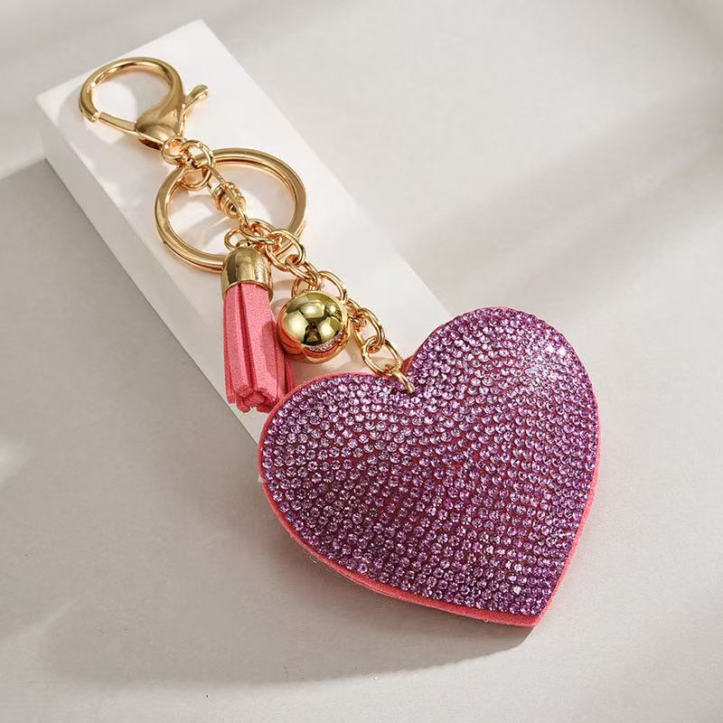 Heart-shaped Rhinestone Leather Keychain With Tassels