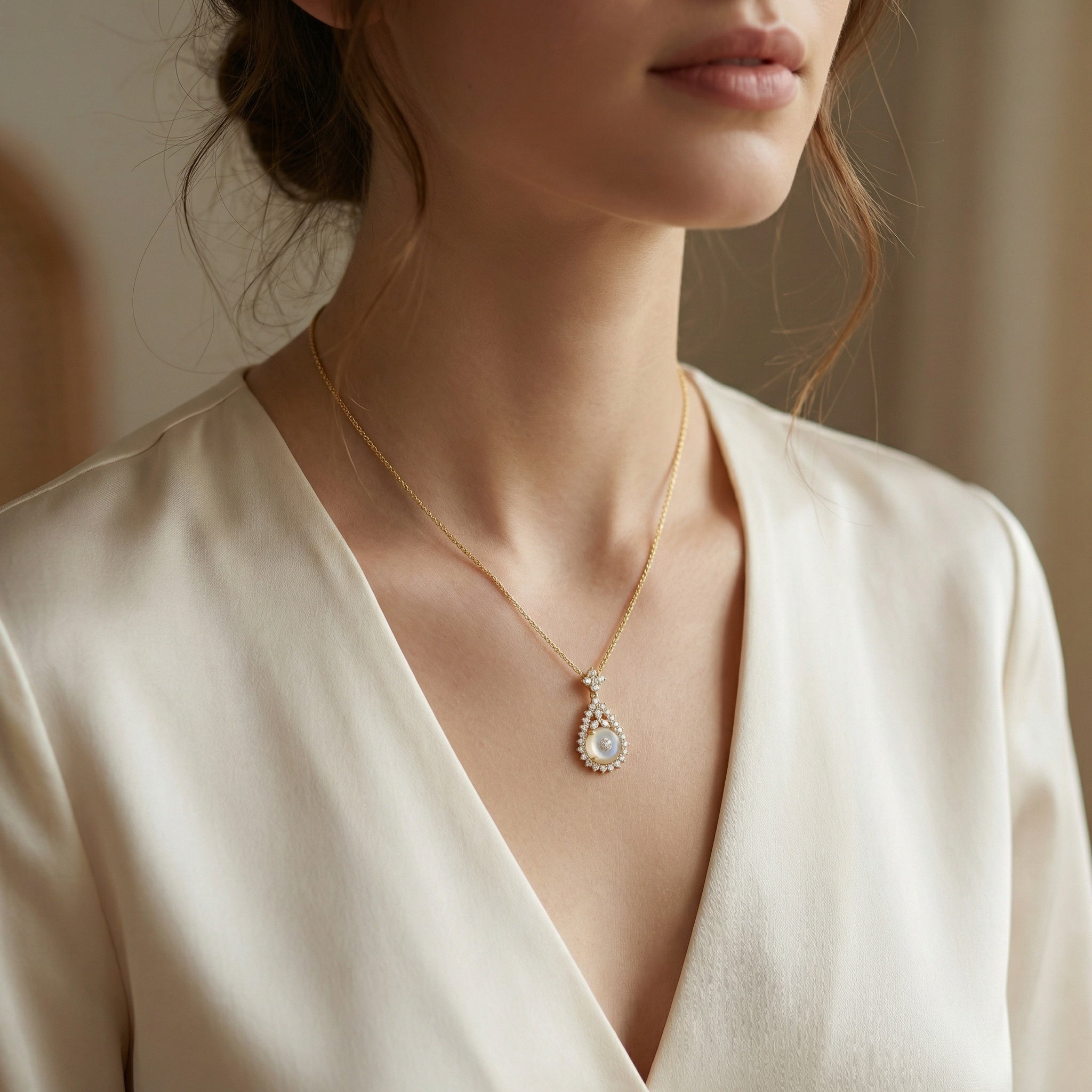 925 Sterling Silver Elegant Diamond Halo Teardrop Pendant Necklace with Central White Gemstone