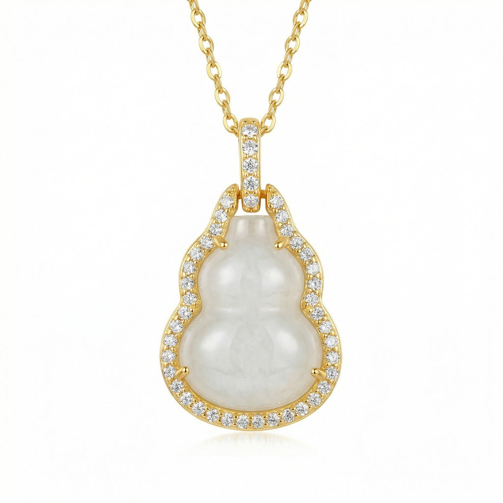 925 Sterling Silver Elegant White Jade Gourd Pendant Necklace with Shimmering Crystal Halo