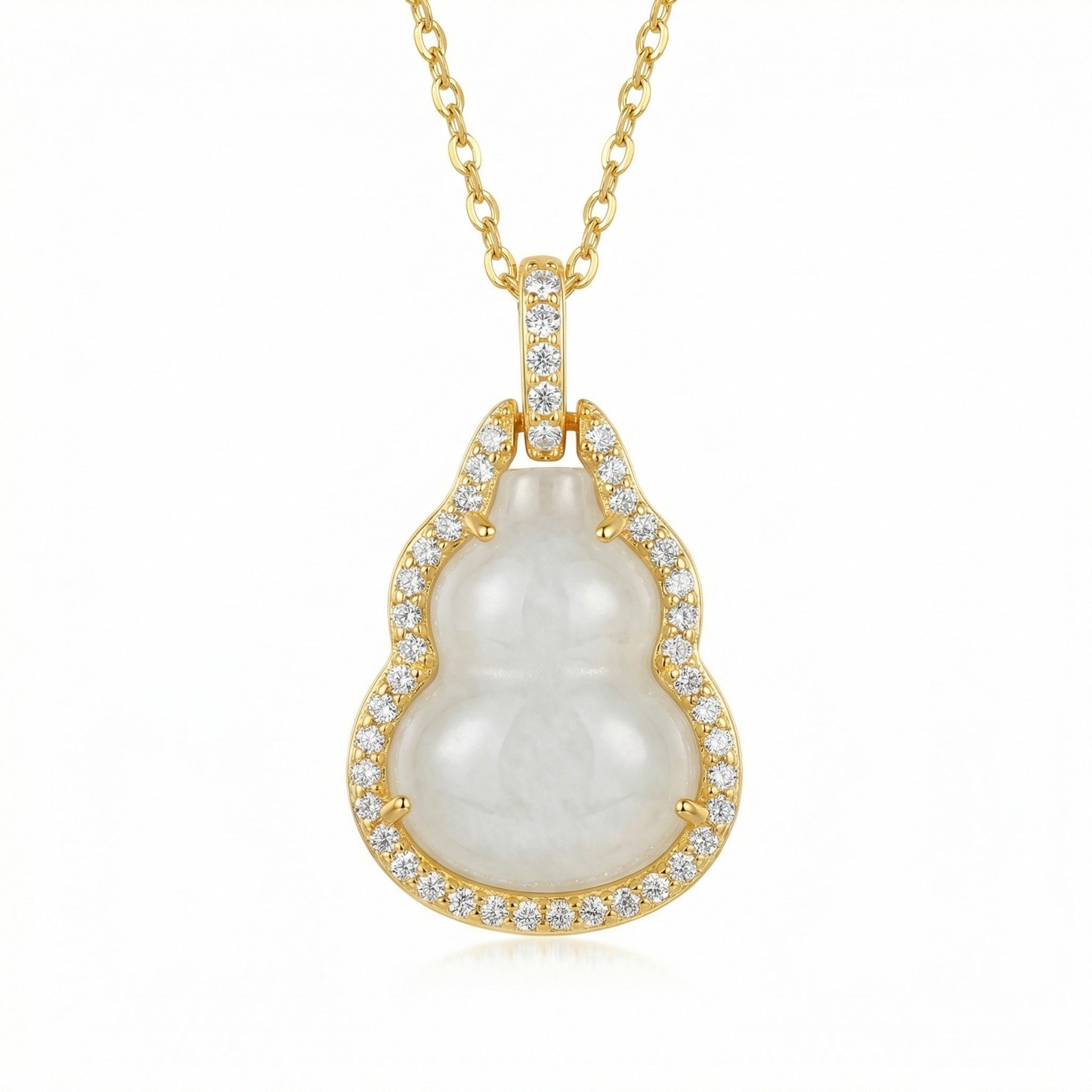 925 Sterling Silver Elegant White Jade Gourd Pendant Necklace with Shimmering Crystal Halo