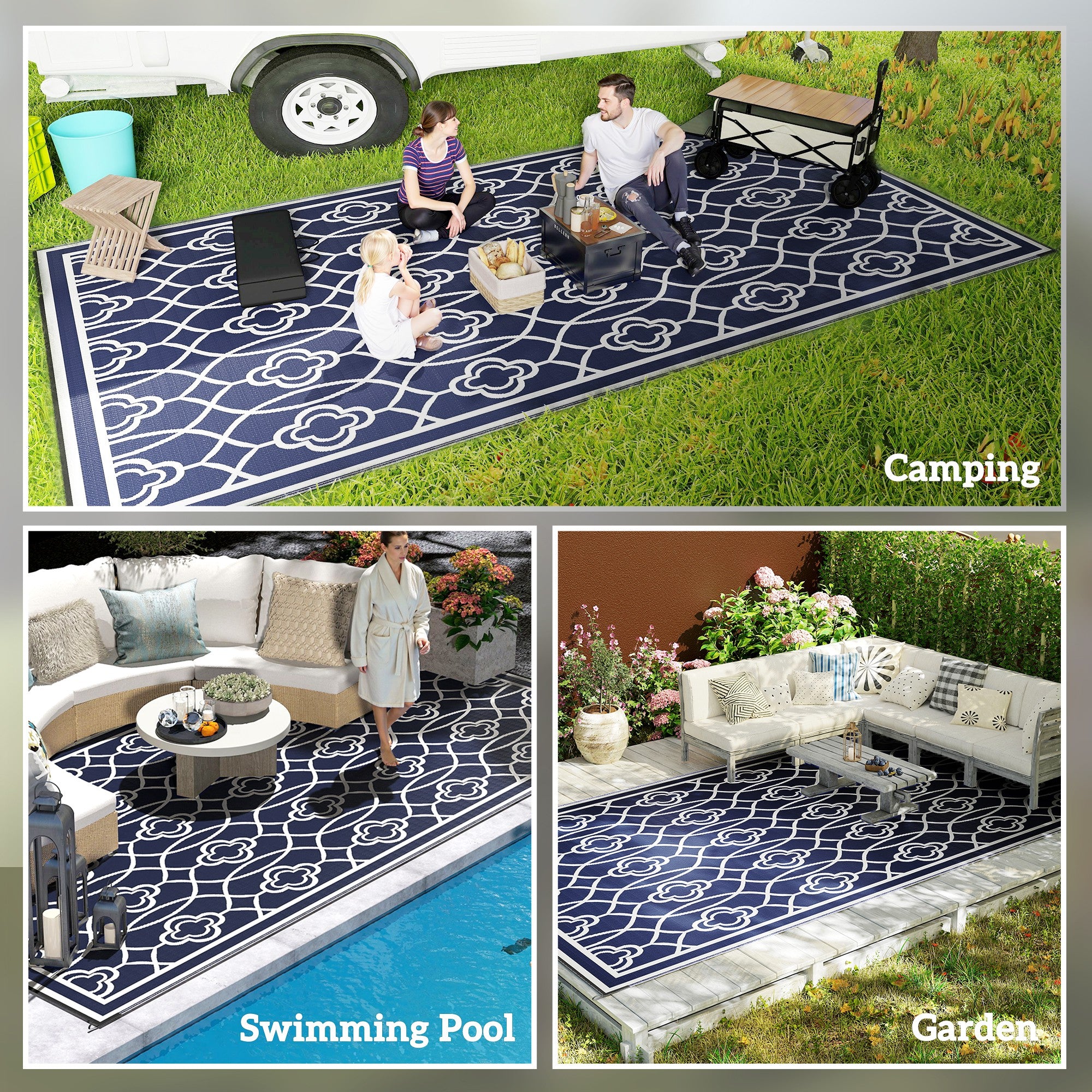 Reversible Outdoor Rug, Waterproof Plastic Straw With Carry Bag, 9 X 18, Blue & White Lantern