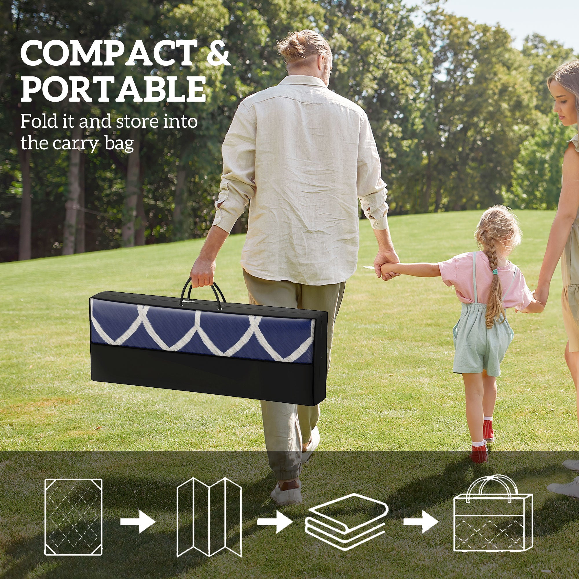 Reversible Outdoor Rug, Waterproof Plastic Straw With Carry Bag, 9 X 18, Blue & White Lantern