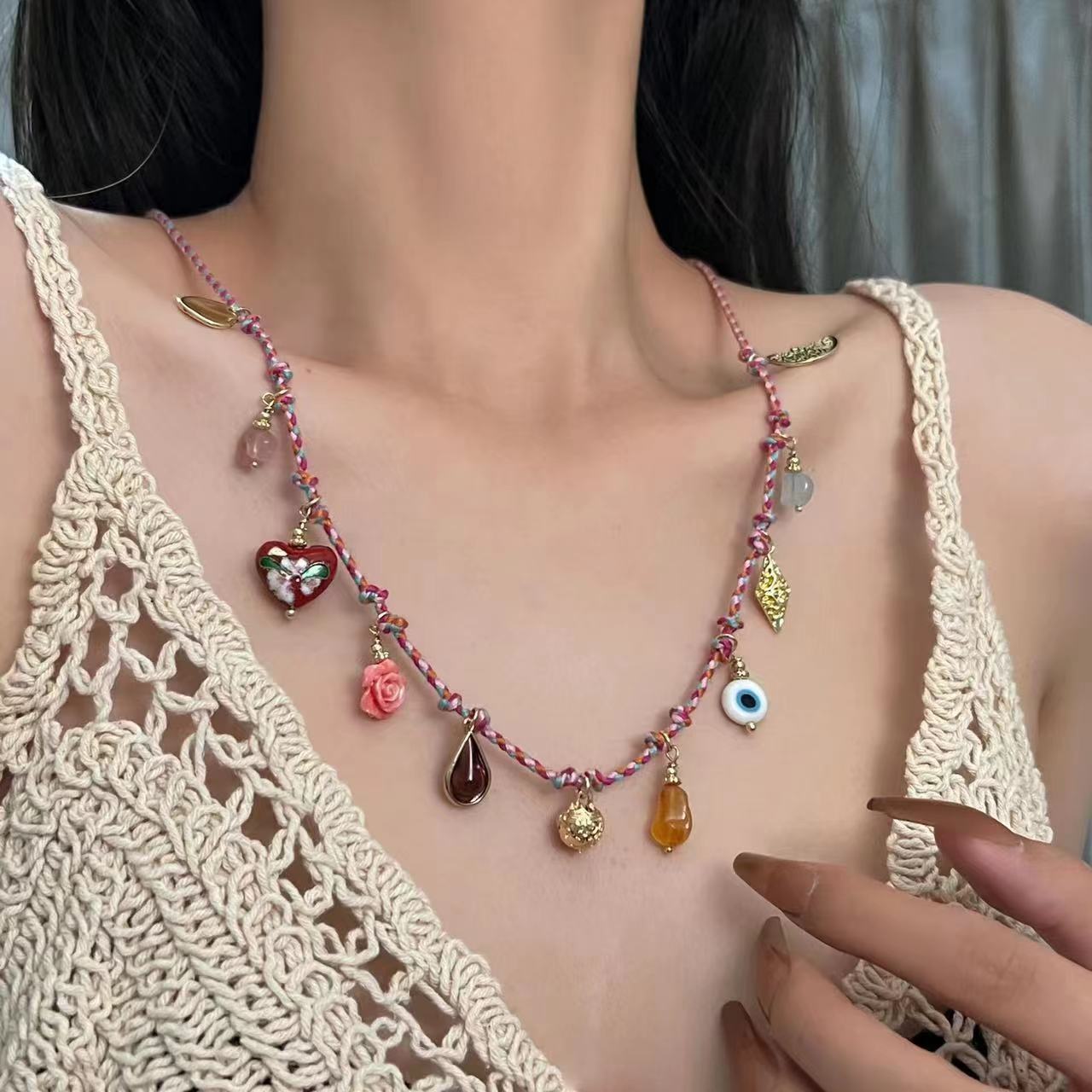 Vintage Colorful Braid Rope Multi-element Pendant Exquisite Handmade Necklace