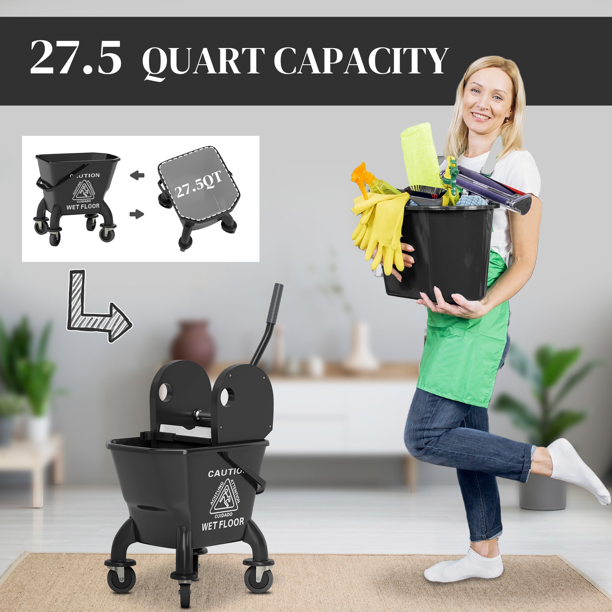 Mop Bucket With Wringer On Wheels For Floor Cleaning, 27.5 Quart Down Press Wringer With Handle And Mop, Black