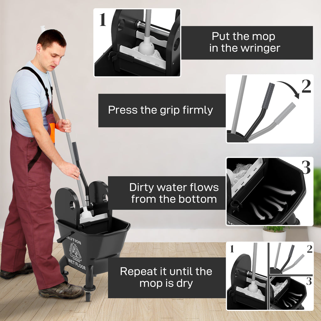 Mop Bucket With Wringer On Wheels For Floor Cleaning, 27.5 Quart Down Press Wringer With Handle And Mop, Black