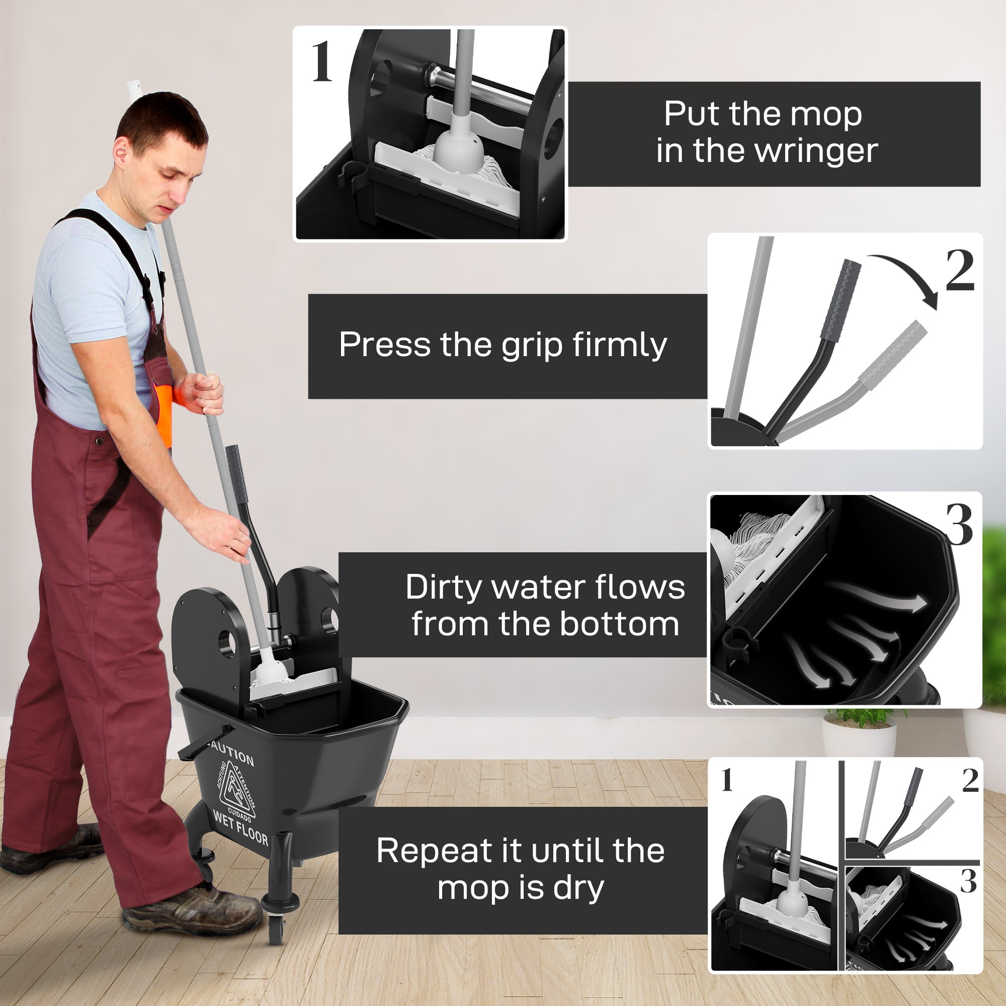 Mop Bucket With Wringer On Wheels For Floor Cleaning, 27.5 Quart Down Press Wringer With Handle And Mop, Black