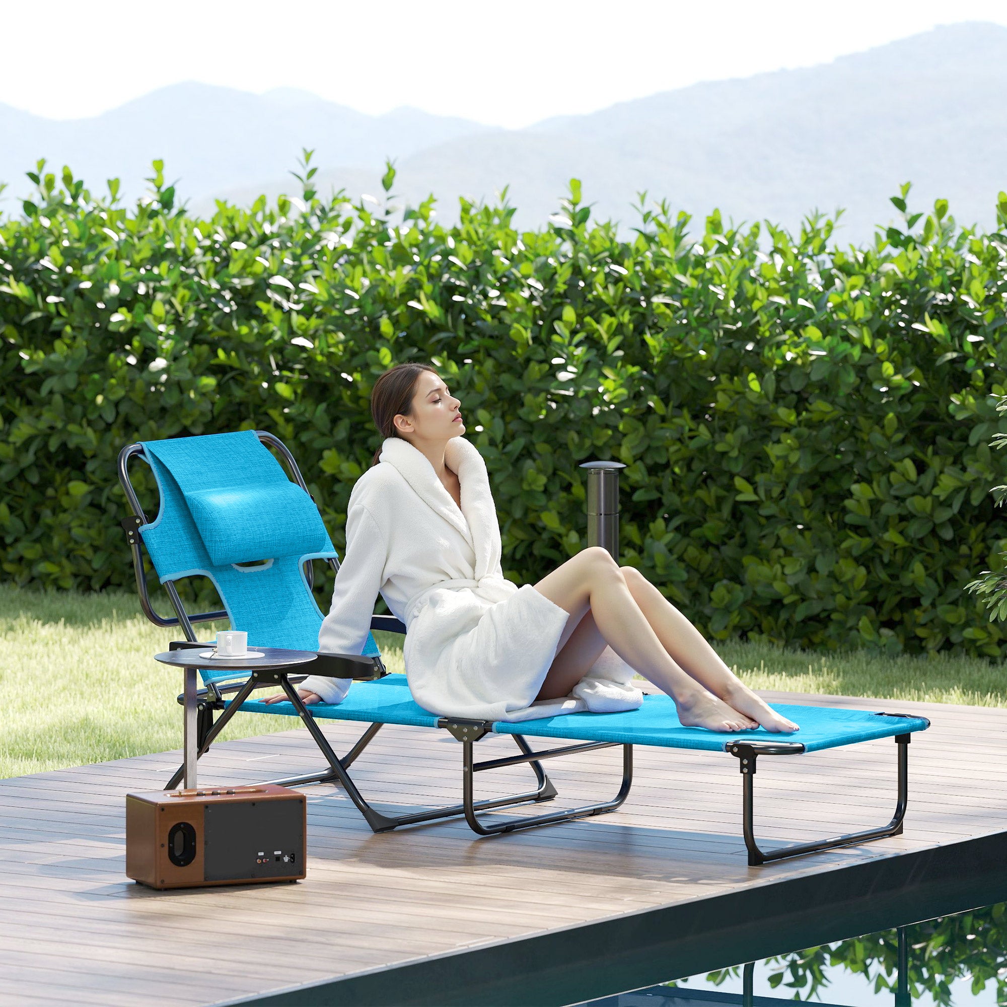 Folding Lounge Chair W Reclining Back, Light Blue