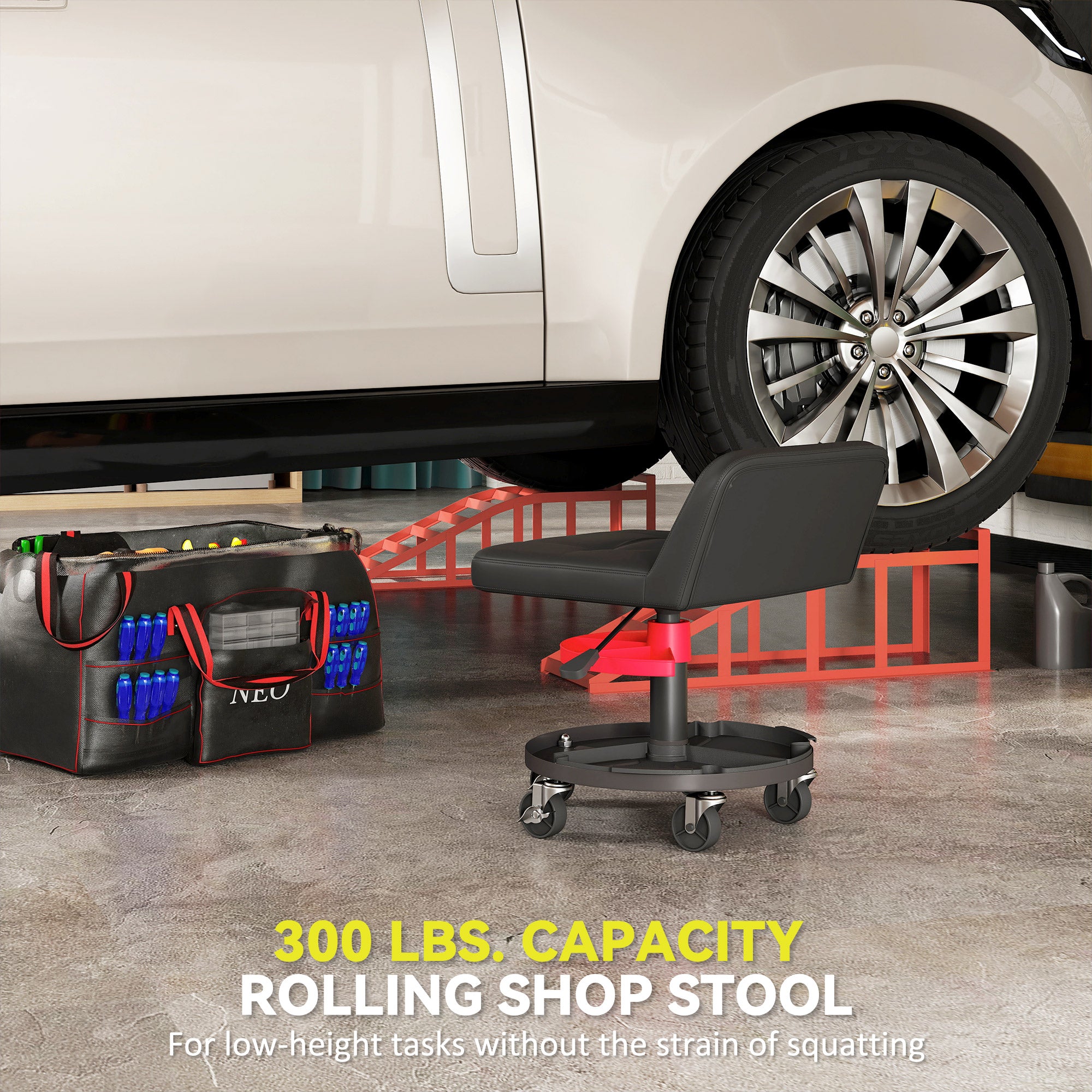 Rolling Creeper Garage Stool, 300 LBS Capacity Mechanic Stool With 360 Wheels, Tool Tray, Adjustable Height, Black