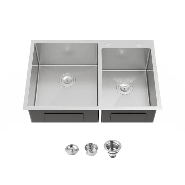 33'x19' Embedded Double Bowl Kitchen Sink, Overmount Handmade Sink In Brushed - Sink Only - Unable Ship Weekends, TK And TEMU Only For Pickup