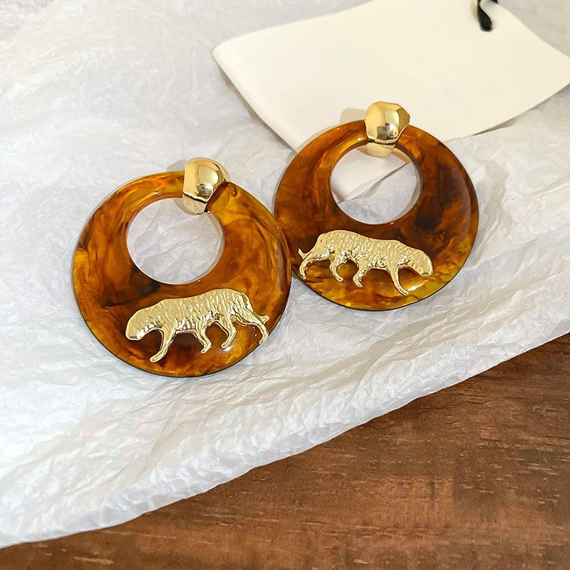 Handmade Maillard Aesthetic Hoops, Amber Resin & Gold Tone C-Shaped Earrings, Vintage Chunky Lightweight Fashion Jewelry, Unique Gift For Her